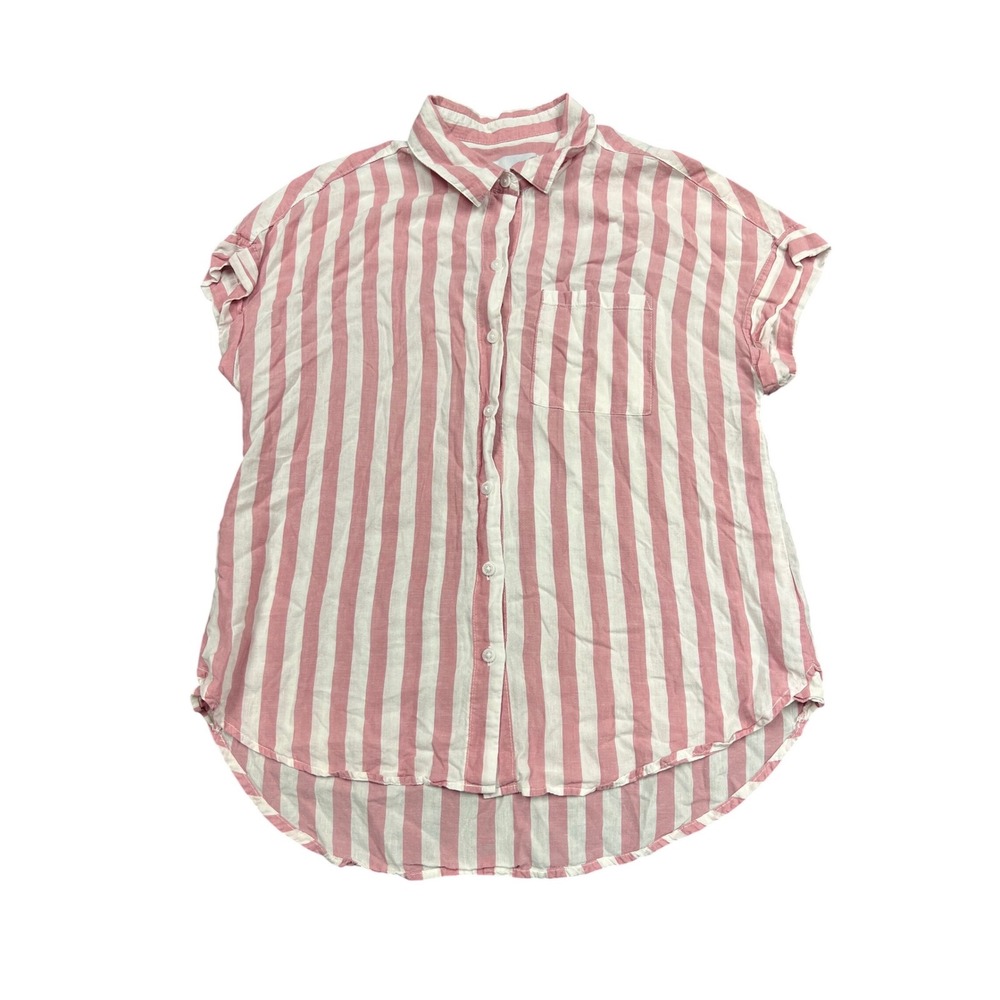 Lola River Striped Button Down Shirt Womens Medium Pink White Linen Blend Casual